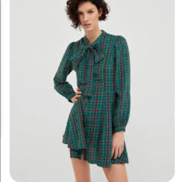 Dresses | Nwot Green Plaid Tie Front Long Sleeved Skater Dress Size Med |  Poshmark